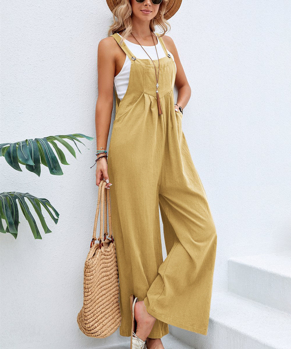 Sarah Express Women's Solid Color Cotton Suspender Trousers Casual Overall Straight Leg Mid Waist with Pockets