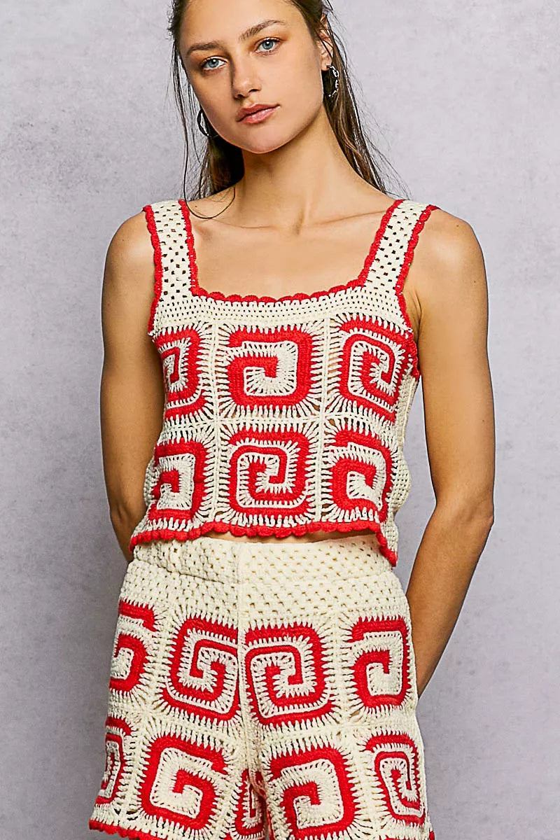 Sarah Express Women's Handmade Crochet Cropped Tank with Granny Square Pattern IVORY RED One Size