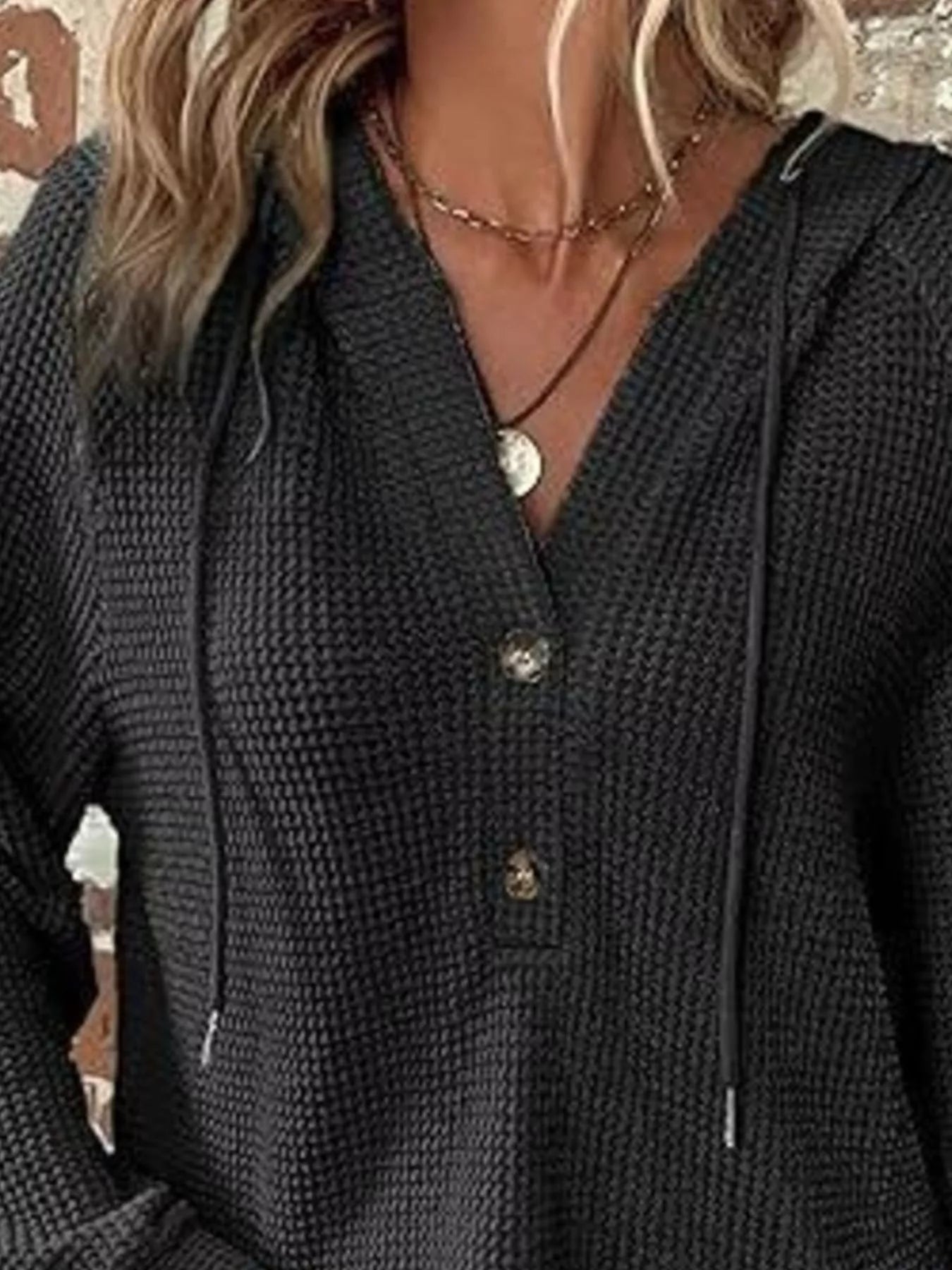 Sarah Express Women's Button Detail Waffle Knit Hoodie - Plus Size Drawstring Pullover with Pockets