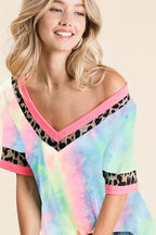 Sarah Express Women’s Rainbow Tie-Dye T-Shirt with Leopard Trim V-Neck
