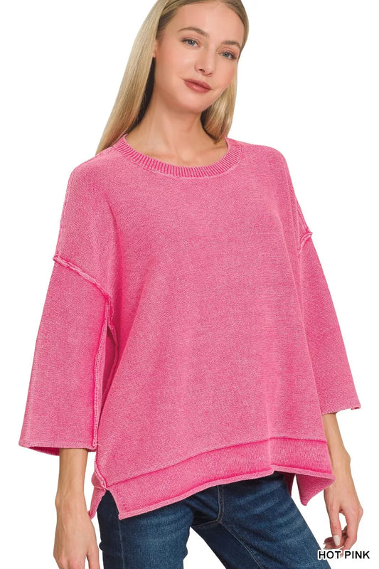 Sarah Express Women's Washed 3/4 Sleeve Boxy Sweater - Relaxed Fit Cotton Pullover HOT PINK