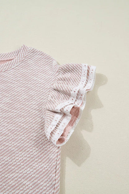 Sarah Express Women's Twilled Print Lace Trim Ruffled Short Sleeve Blouse