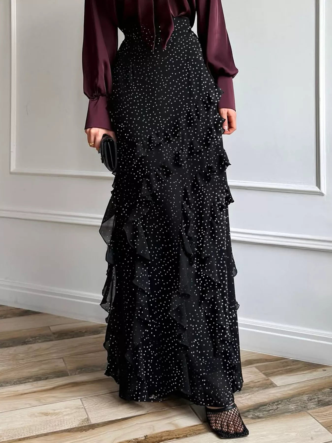 Sarah Express Women's Ruffled Polka Dot Maxi Skirt