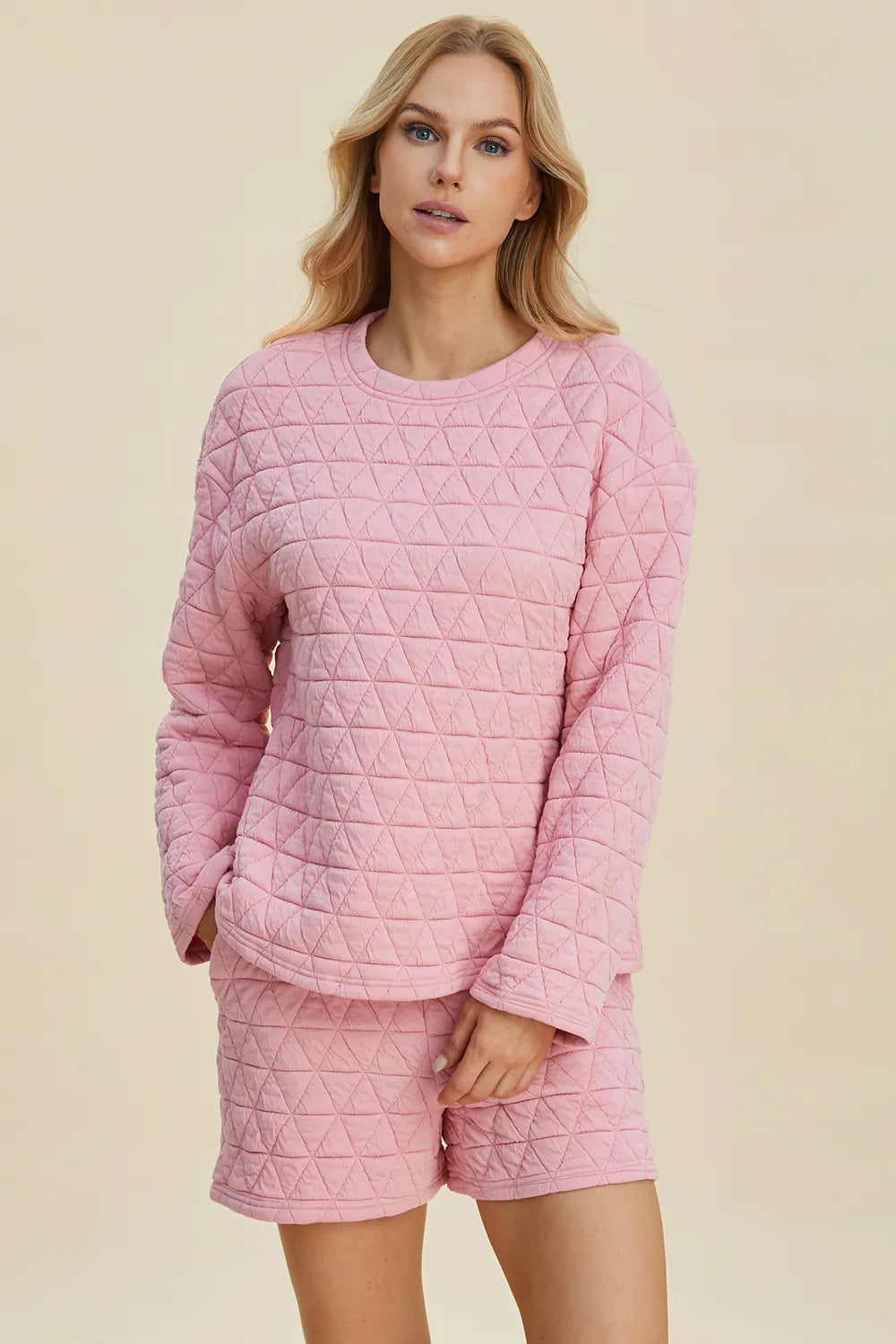 Sarah Express Women’s Plus Size Textured Long Sleeve Top and Shorts Set

