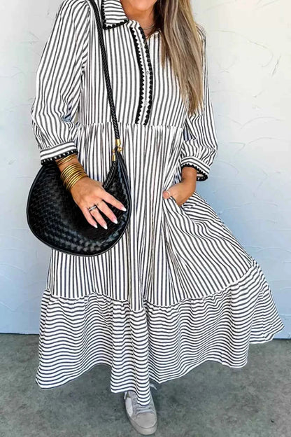 Sarah Express Women's Striped Shirt Dress with Scallop Trim and Pockets Stripe