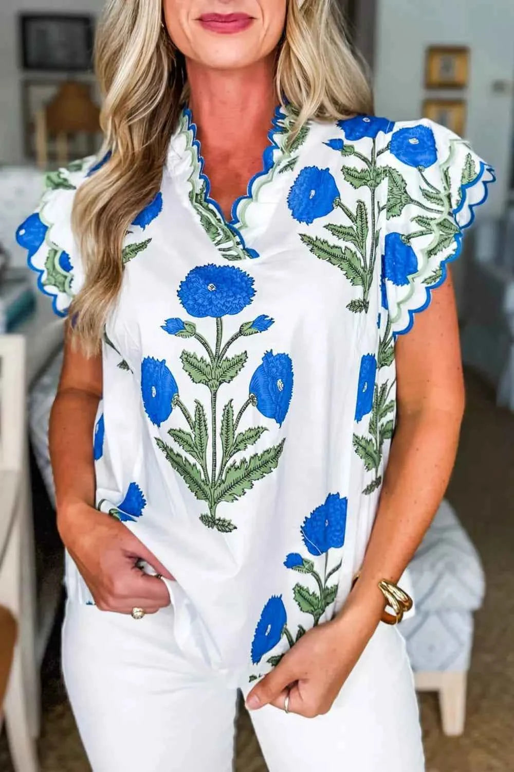 Sarah Express Women's Floral Print Ruffle Trim Blouse - Short Sleeve Cotton Viscose Top Floral