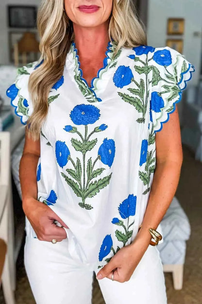 Sarah Express Women's Floral Print Ruffle Trim Blouse - Short Sleeve Cotton Viscose Top Floral