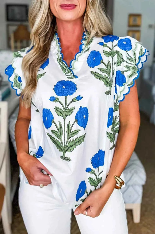 Sarah Express Women's Floral Print Ruffle Trim Blouse - Short Sleeve Cotton Viscose Top Floral