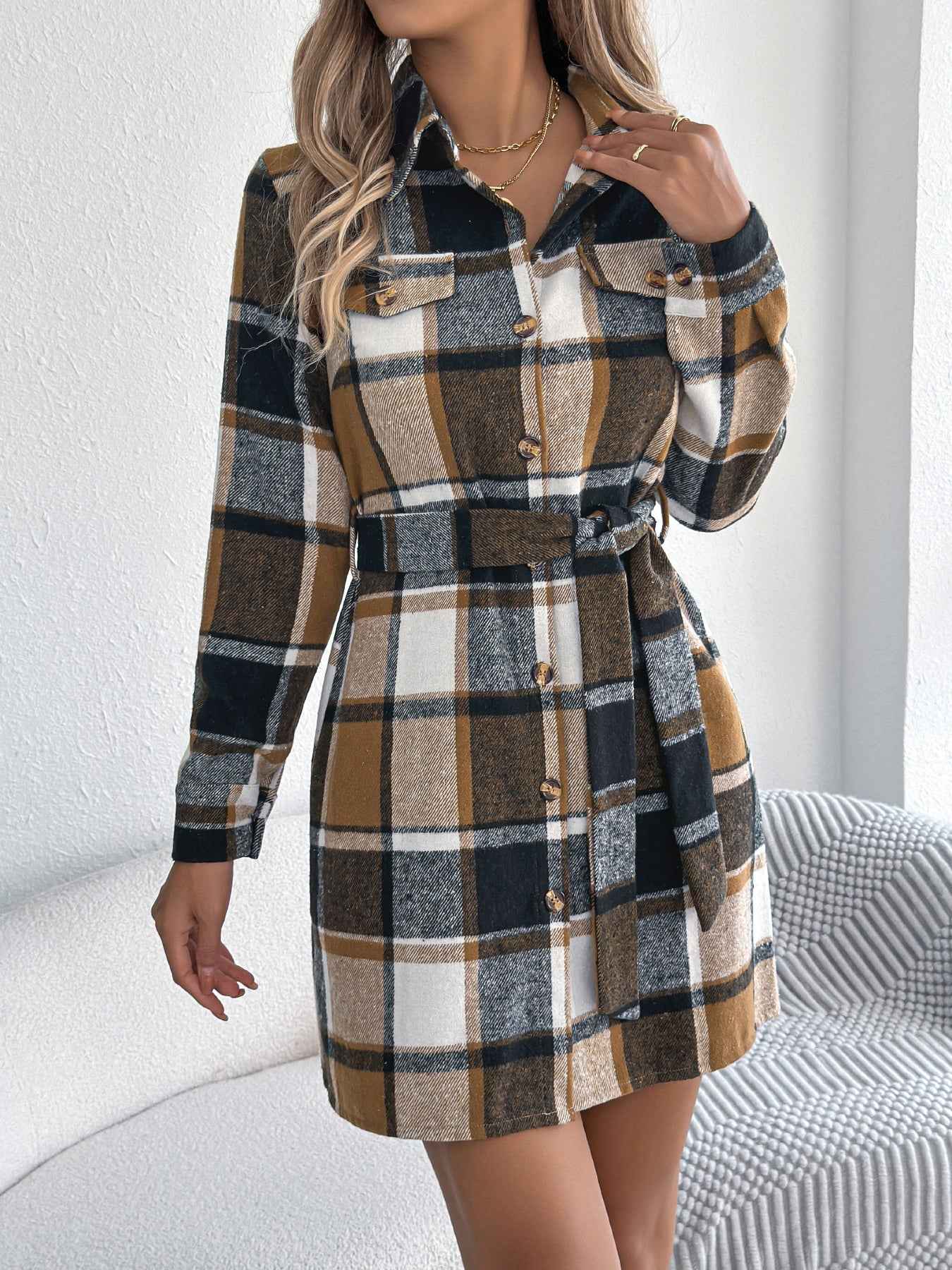 Sarah Express Women's Color-Blocked Plaid Tweed Shirt Dress with Tie Waist