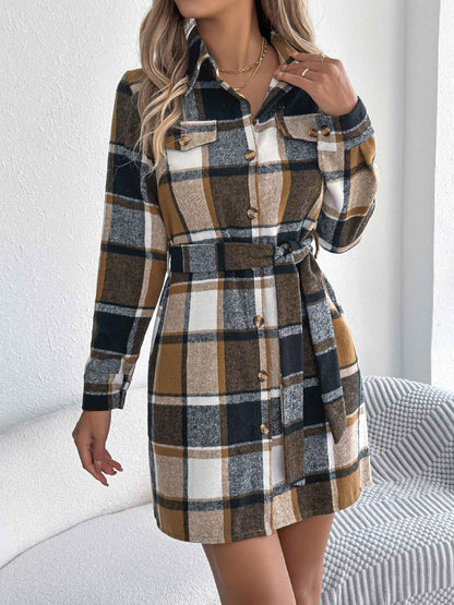 Sarah Express Women's Color-Blocked Plaid Tweed Shirt Dress with Tie Waist