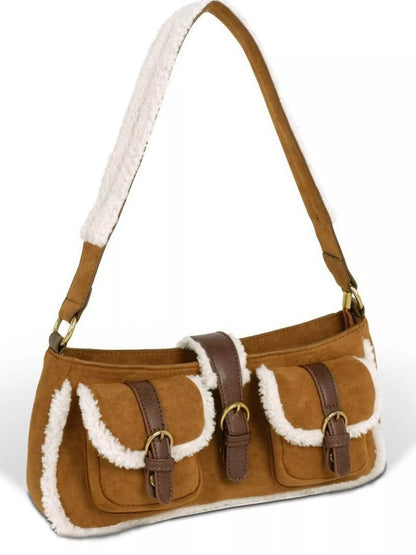 Sarah Express Women's Vintage Suede Shoulder Bag with Plush Trim