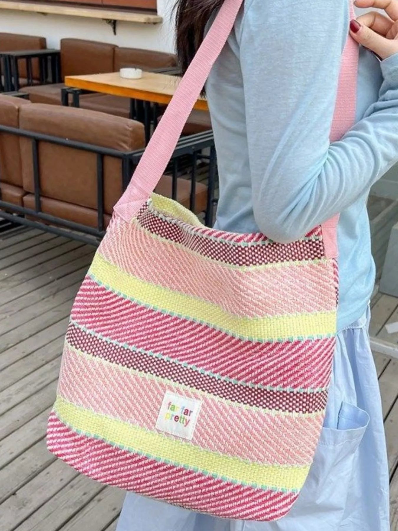 Trendsi Women's Striped Woven Shoulder Bag with Adjustable Strap