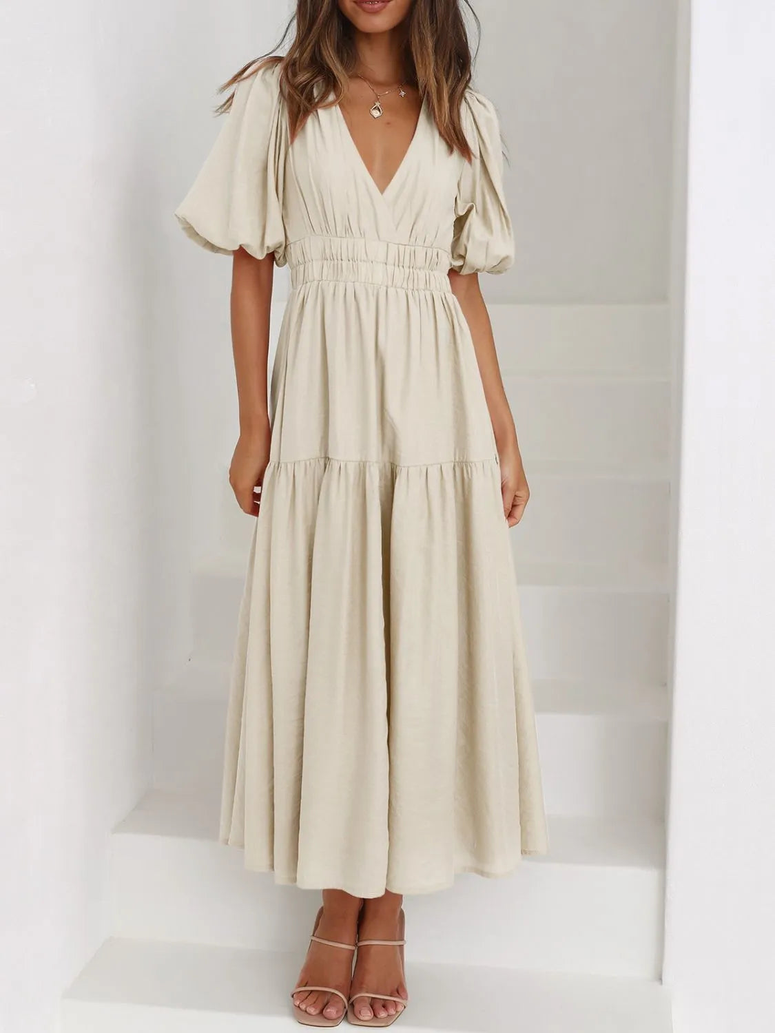 Sarah Express Women's V-Neck Puff Sleeve Midi Dress Beige