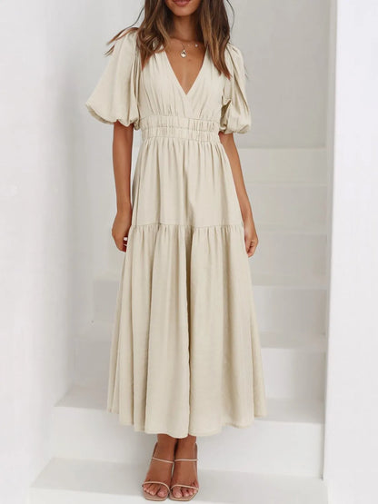 Sarah Express Women's V-Neck Puff Sleeve Midi Dress Beige