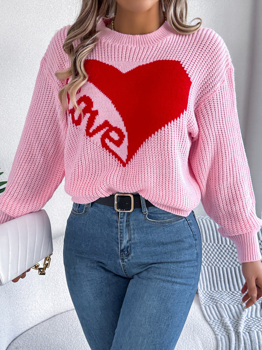 Sarah Express Women's Color Block Heart Love Pullover Sweater Long Sleeve Knit Top