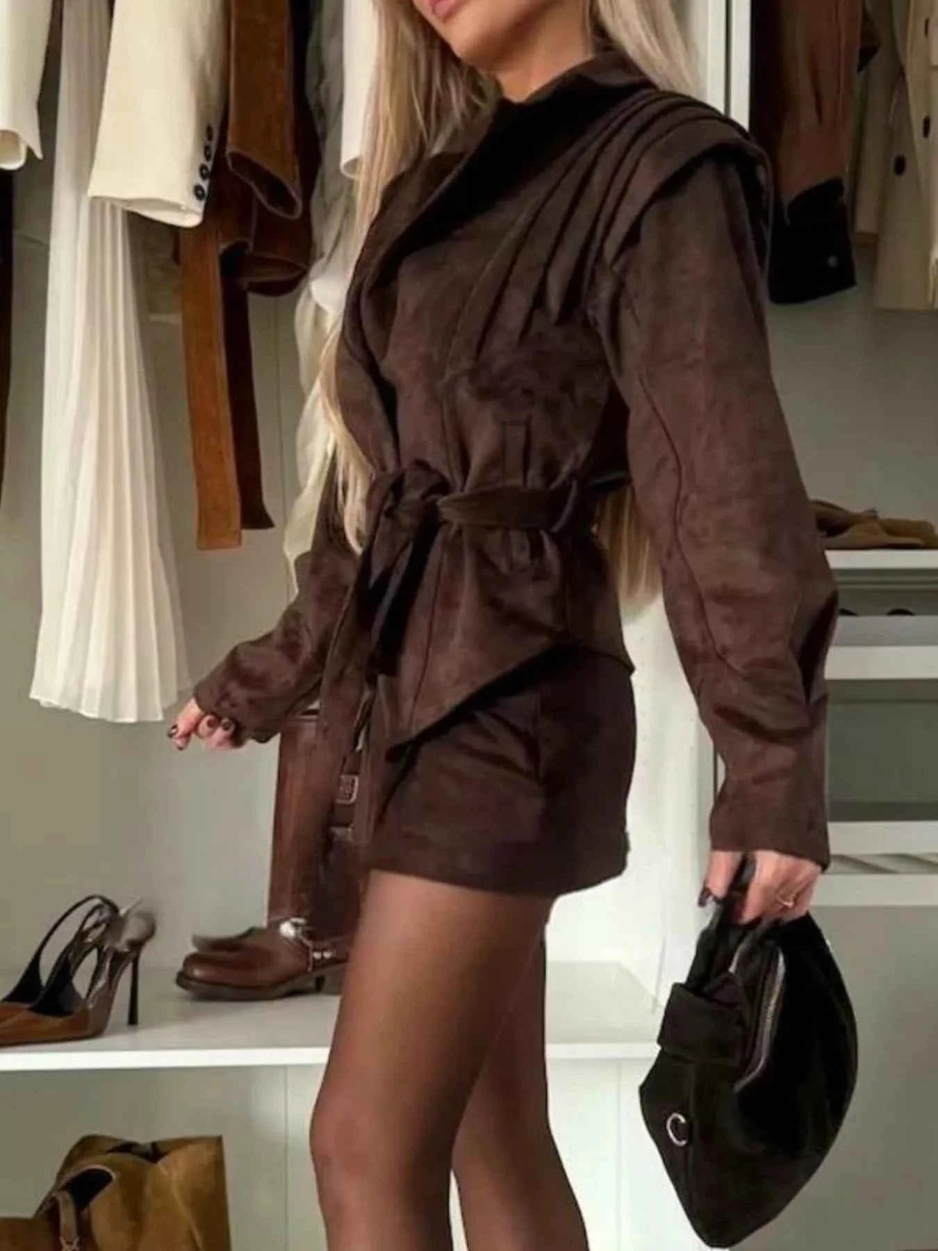 Sarah Express Women's Lapel Collar Long Sleeve Jacket - Ruched Button Front Outerwear