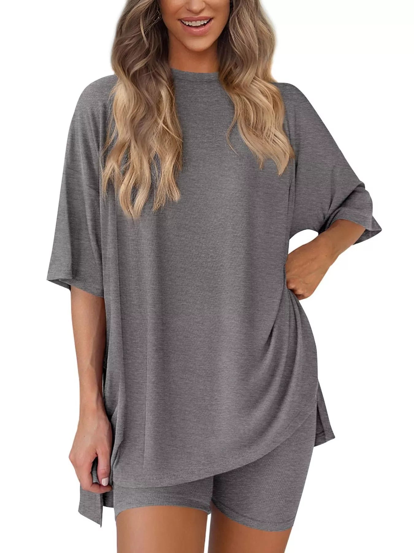 Sarah Express Women's Relaxed Fit Round Neck Top and Shorts Two-Piece Set - Plus Size Loungewear