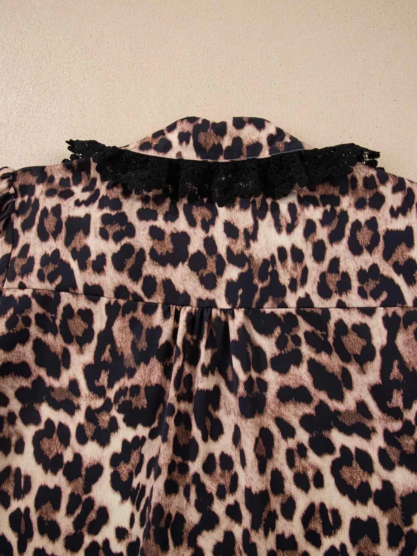 Sarah Express Women's Leopard Print Button Down Lace Trim Short Sleeve Shirt