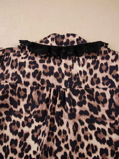 Sarah Express Women's Leopard Print Button Down Lace Trim Short Sleeve Shirt