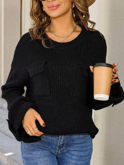 Sarah Express Women's Pocket Detail Round Neck Sweater - Button Front Cardigan