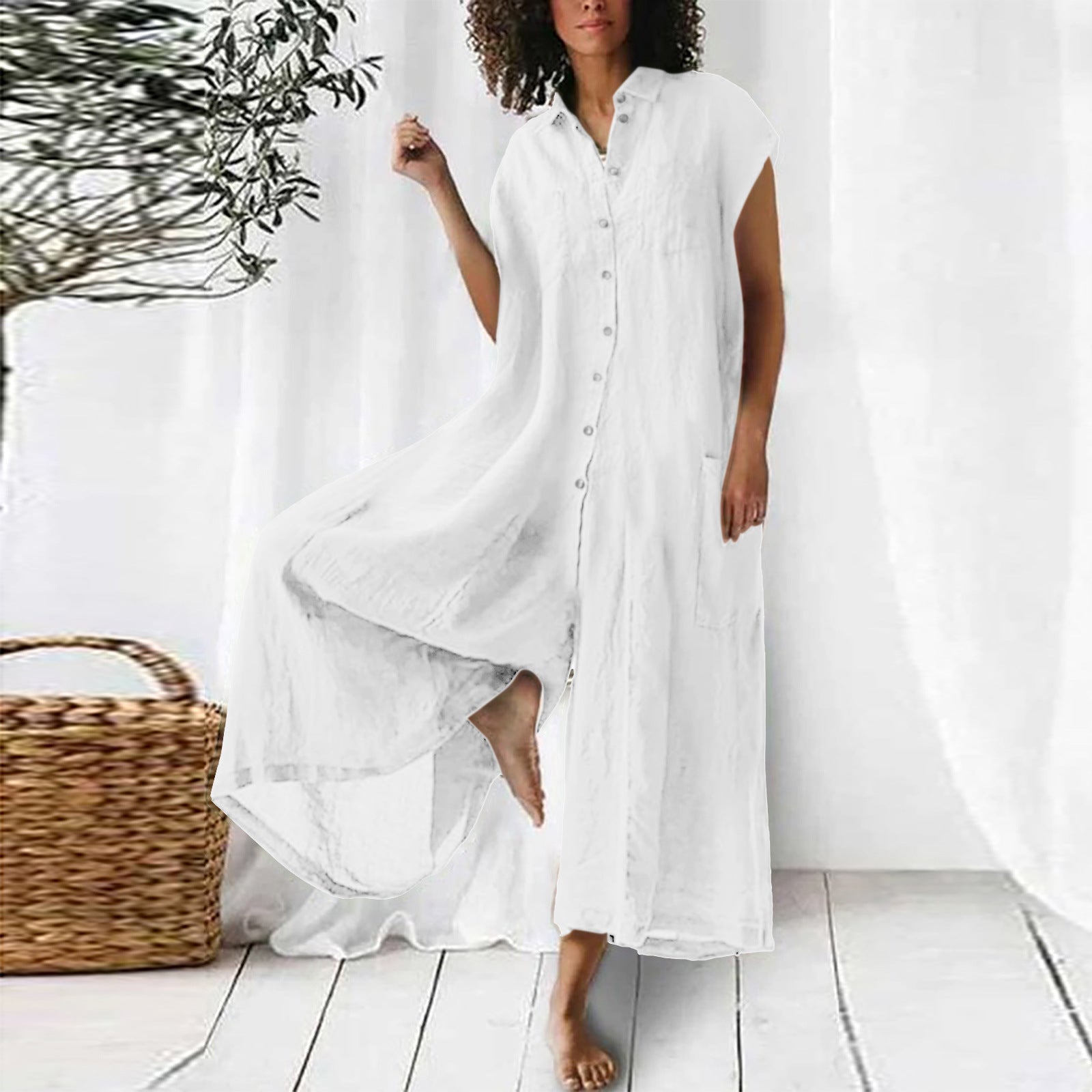 Sarah Express Short Sleeve Mid-Length Linen Jumpsuit Casual