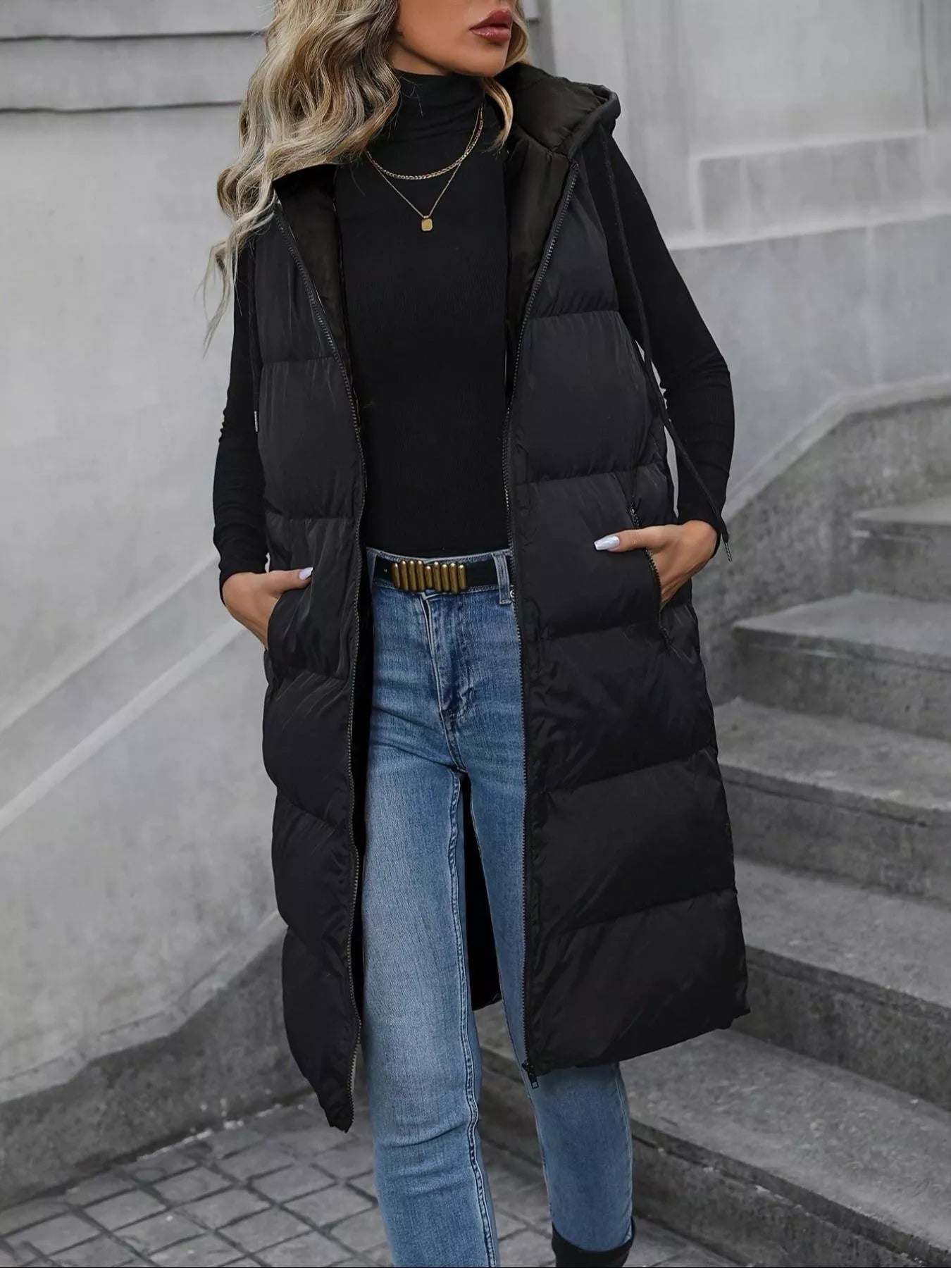 Sarah Express Women's Longline Padded Hooded Vest Coat Black