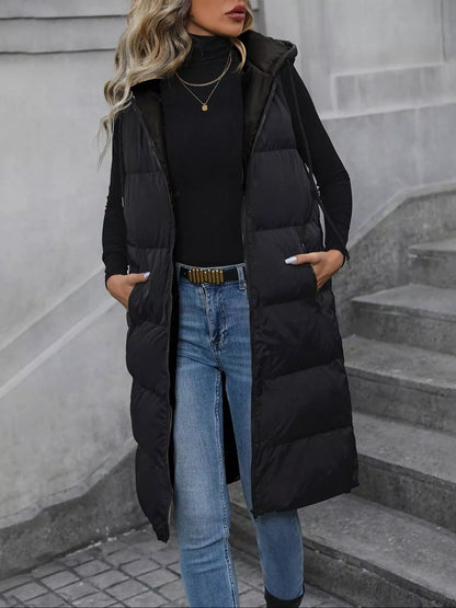 Sarah Express Women's Longline Padded Hooded Vest Coat Black