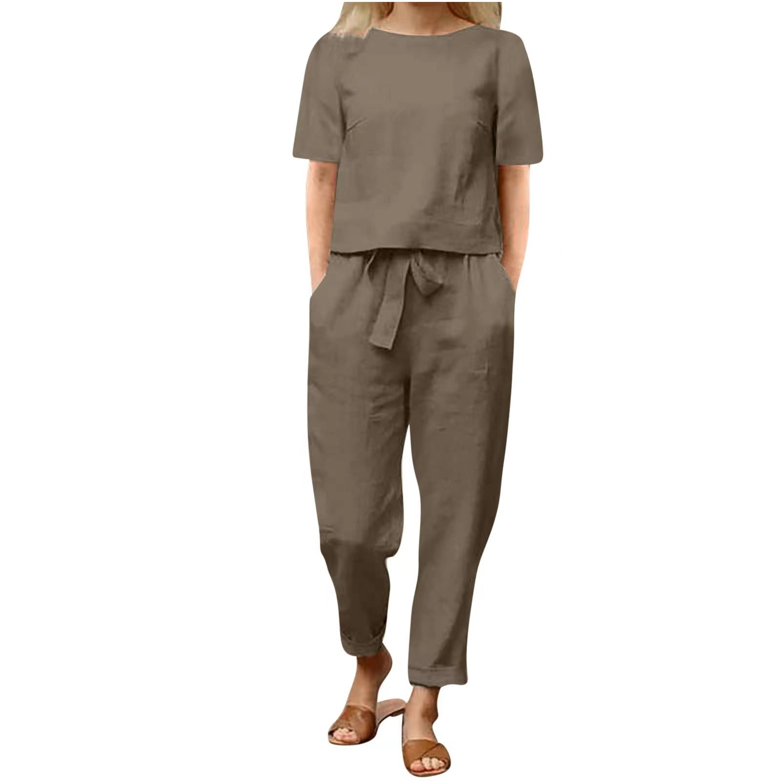 Sarah Express Women's Cotton Linen Top and Wide-Leg Pants Two-Piece Casual Set