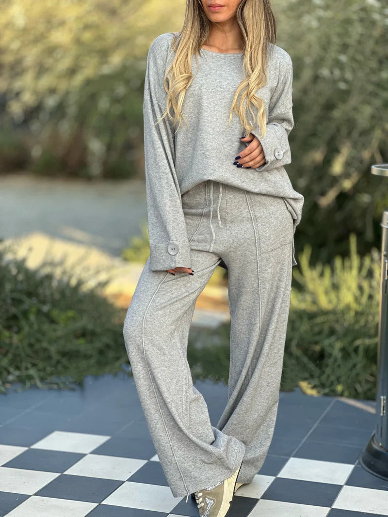 Sarah Express Women's Two-Piece Matching Set Long Sleeve Top Wide Leg Pants