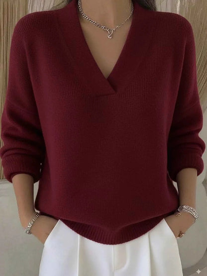 Sarah Express Women's V-Neck Dropped Shoulder Sweater - Relaxed Fit Plus Size Pullover Wine Red