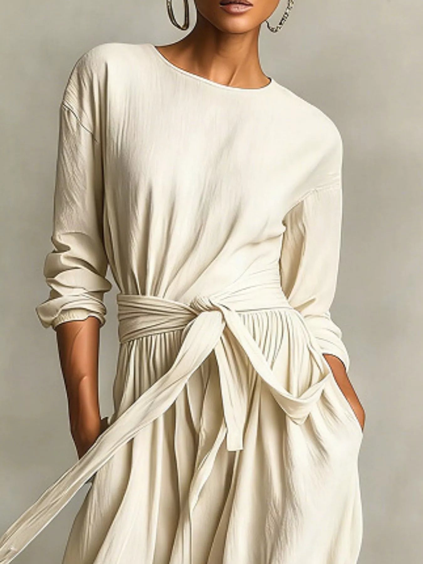 Sarah Express Women's Long Sleeve Tie Waist Maxi Dress with Pockets