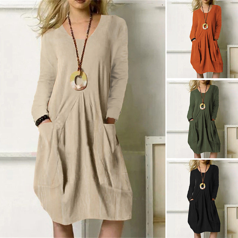 Sarah Express Women's Cotton Linen Pocket Dress Loose Fit Long Sleeve