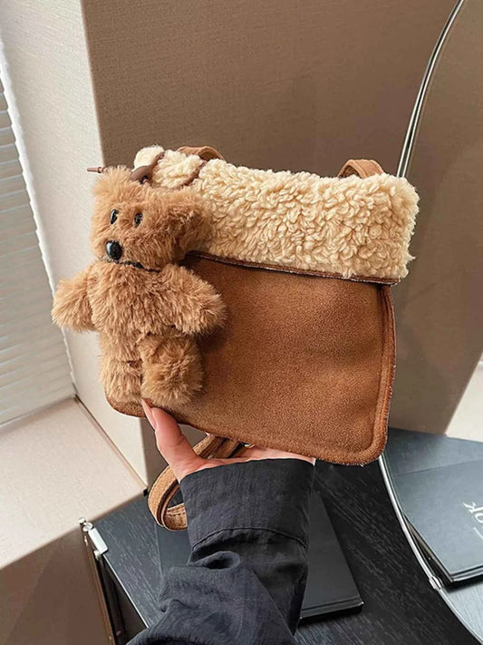 Sarah Express Women's Teddy Bear Charm Plush Crossbody Bag - Mini Suede Shoulder Bag Camel ONESIZE