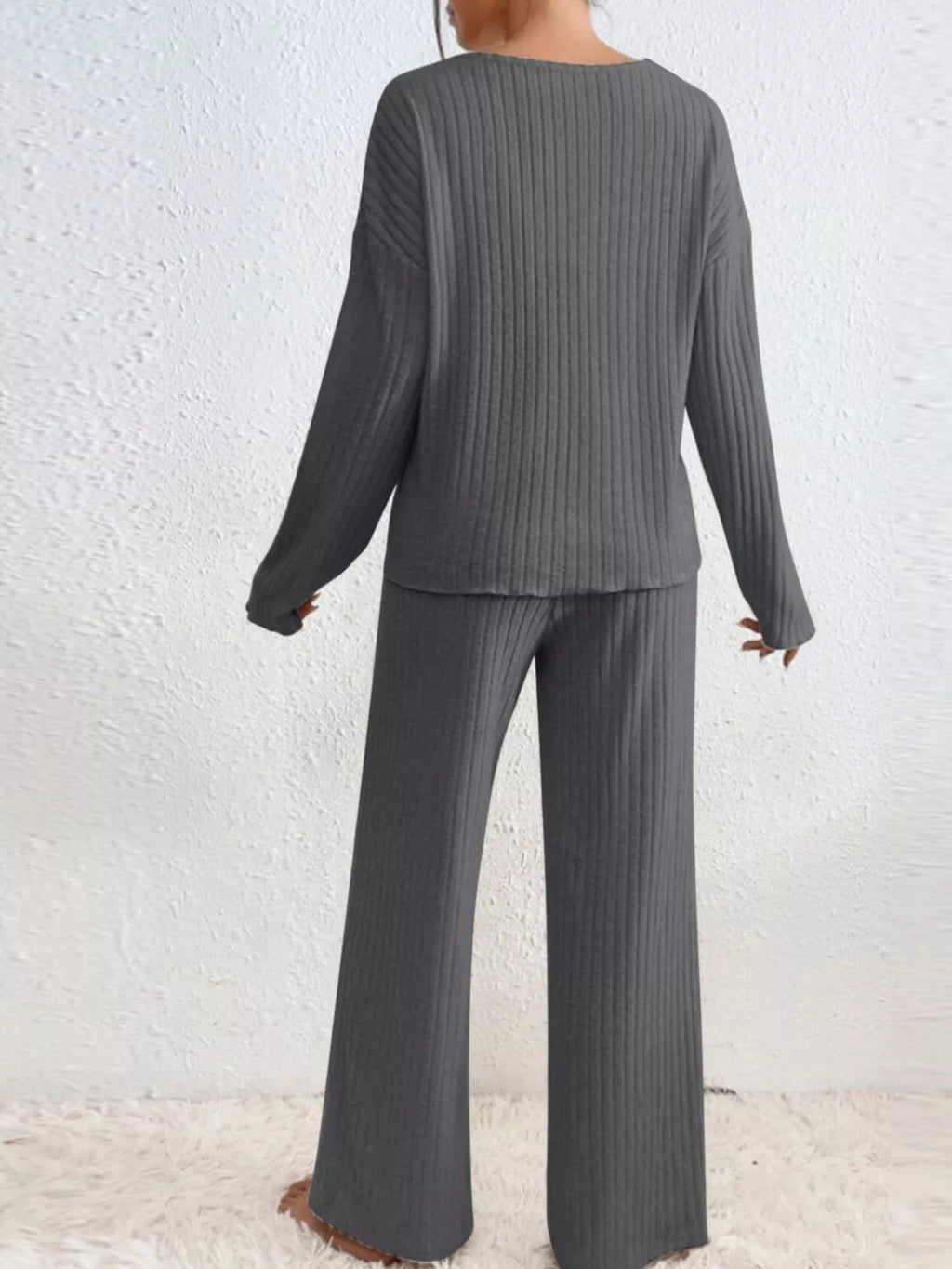 Sarah Express Women's Ribbed V-Neck Top and Pants Lounge Set - Two Piece Outfit