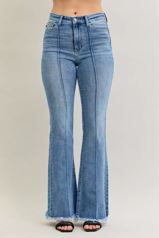 Sarah Express Women’s High Rise Flare Jeans with Fray Hem and Pintuck Detail