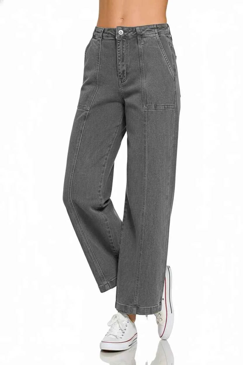 Sarah Express Women's Straight Leg Utility Pocket Jeans - High Waist Denim Pants