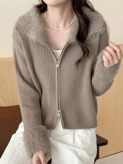 Sarah Express Women's Fluffy Trim Zip-Up Cardigan Taupe One Size