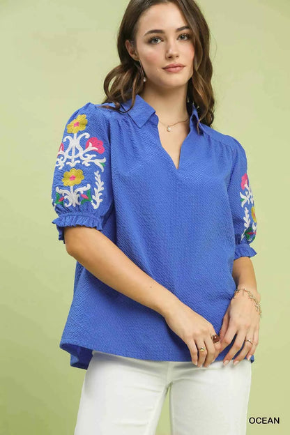 Sarah Express Women's Seersucker Embroidered Sleeve Blouse - Lightweight Summer Top OCEAN