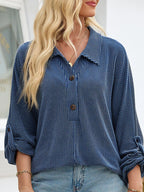Sarah Express Women's Oversized Twist Ribbed Collared Henley Top with Roll Up Sleeve Dusty Blue