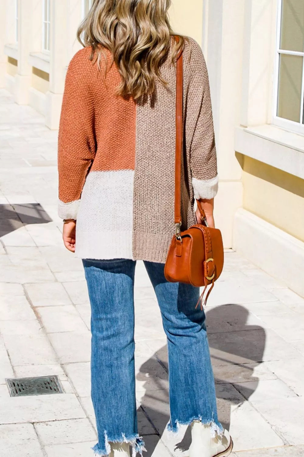 Sarah Express Women's Color Block Knit V Neck Loose Sweater - Ribbed Oversized Pullover