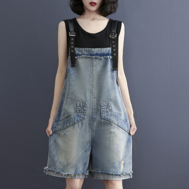Sarah Express Women's Denim Overalls with Adjustable Suspenders Casual Jumpsuit Romper