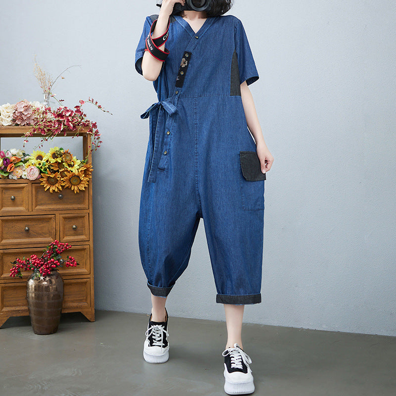 Sarah Express Drawstring Denim-Style Jumpsuit Wide Leg Cropped One Size