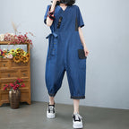 Sarah Express Drawstring Denim-Style Jumpsuit Wide Leg Cropped One Size