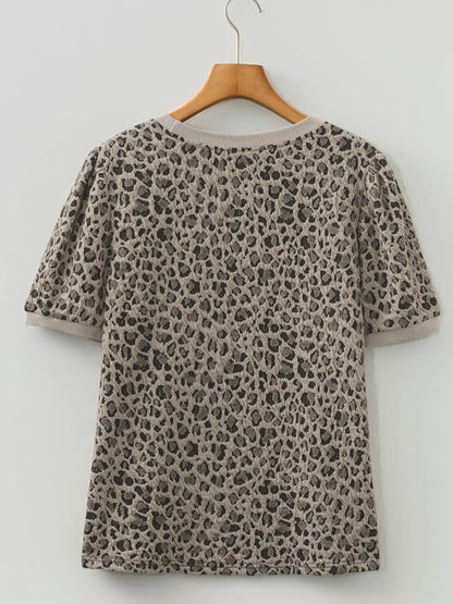 Sarah Express Women's Textured Leopard Print Crew Neck Short Sleeve Top