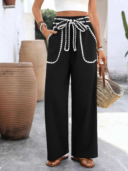 Sarah Express Women's Crochet Trim Wide Leg Pants - Tie Waist High Rise Palazzo Trousers