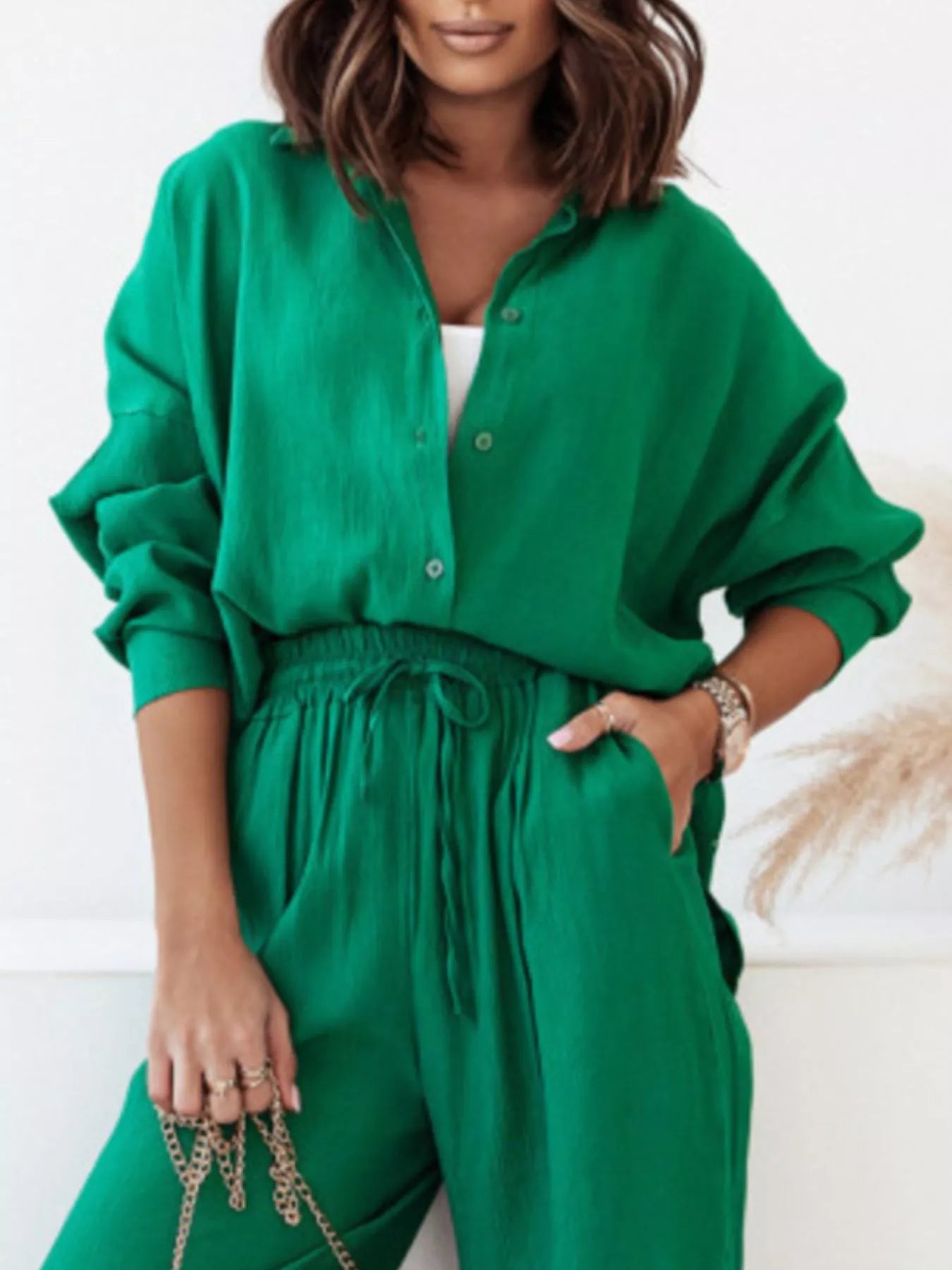 Sarah Express Women's Plus Size Button Up Shirt and Pants Two-Piece Set - Relaxed Fit Casual Outfit