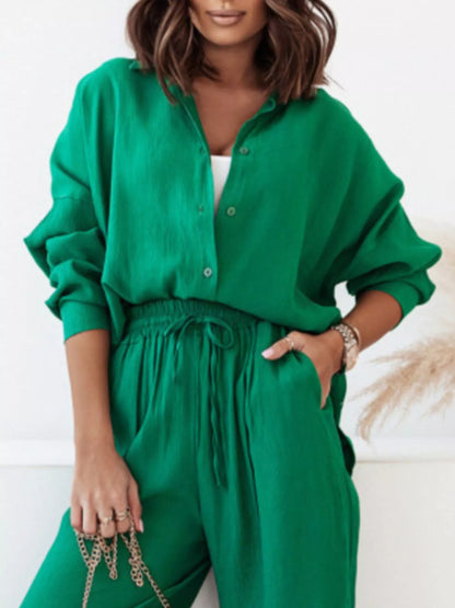 Sarah Express Women's Plus Size Button Up Shirt and Pants Two-Piece Set - Relaxed Fit Casual Outfit