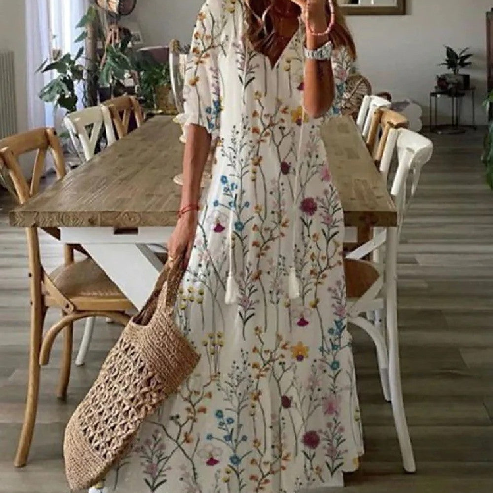 Sarah Express Women's Floral Print V-Neck Maxi Dress Short Sleeve A-Line Pullover
