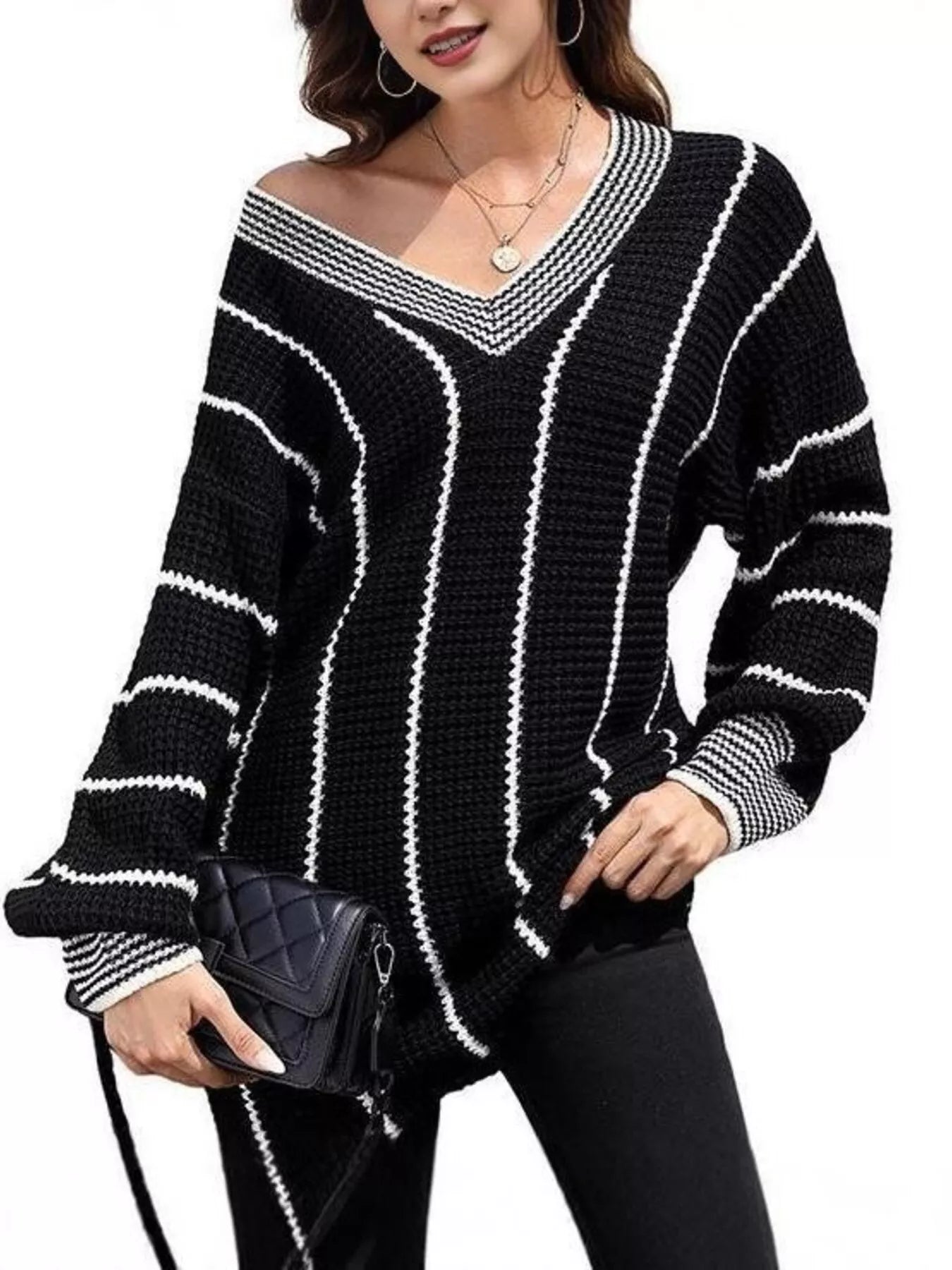 Sarah Express Women's V-Neck Textured Knit Sweater Plus Size Black
