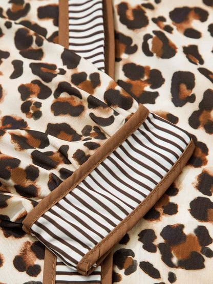 Sarah Express Women's Leopard Print Striped Patchwork 3/4 Sleeve Loose Mini Dress